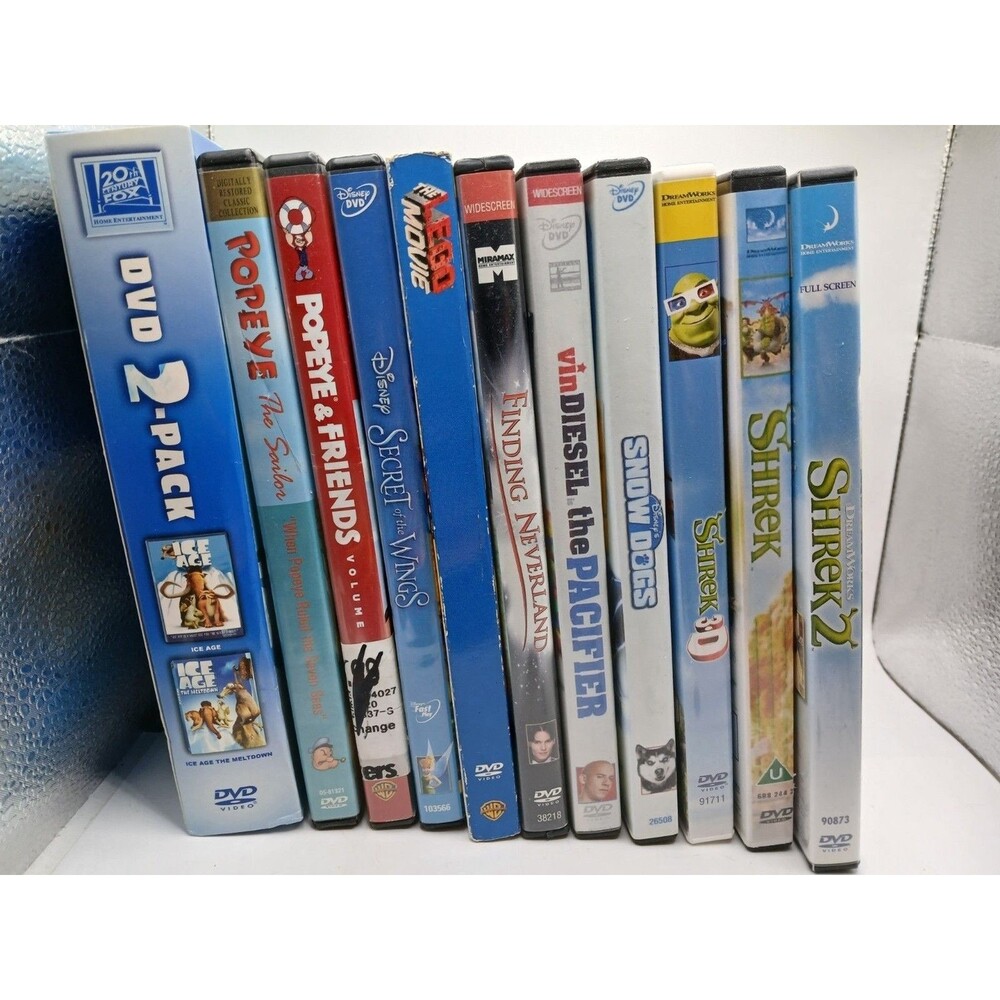 Lot Of 12 Family DVD'S Cartoons, Popeye, Ice Age, Shrek, Disney, Lego Movie, +++
